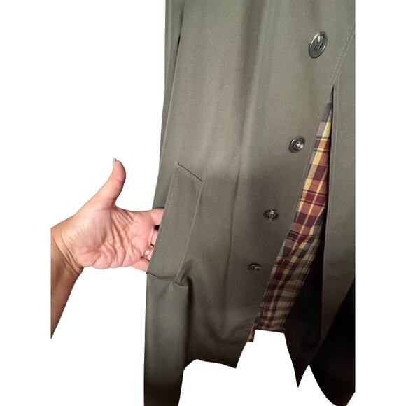 MENS VINTAGE KORATRON GREEN TRENCH COAT PLAID LINING SIZE XL - Picture 4 of 6